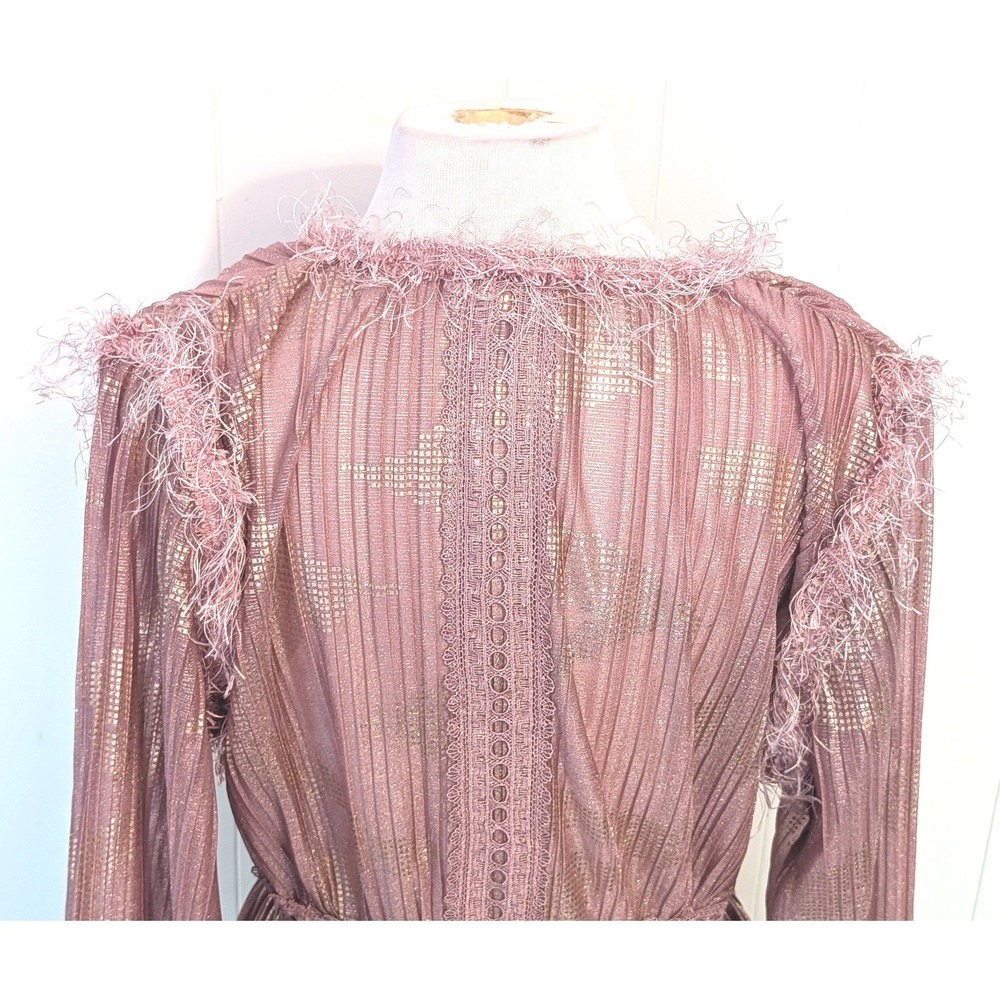 Moon River Dusty Rose Metallic Peplum Blouse L Eyelash Feather Trim Boho Glam - Picture 7 of 10